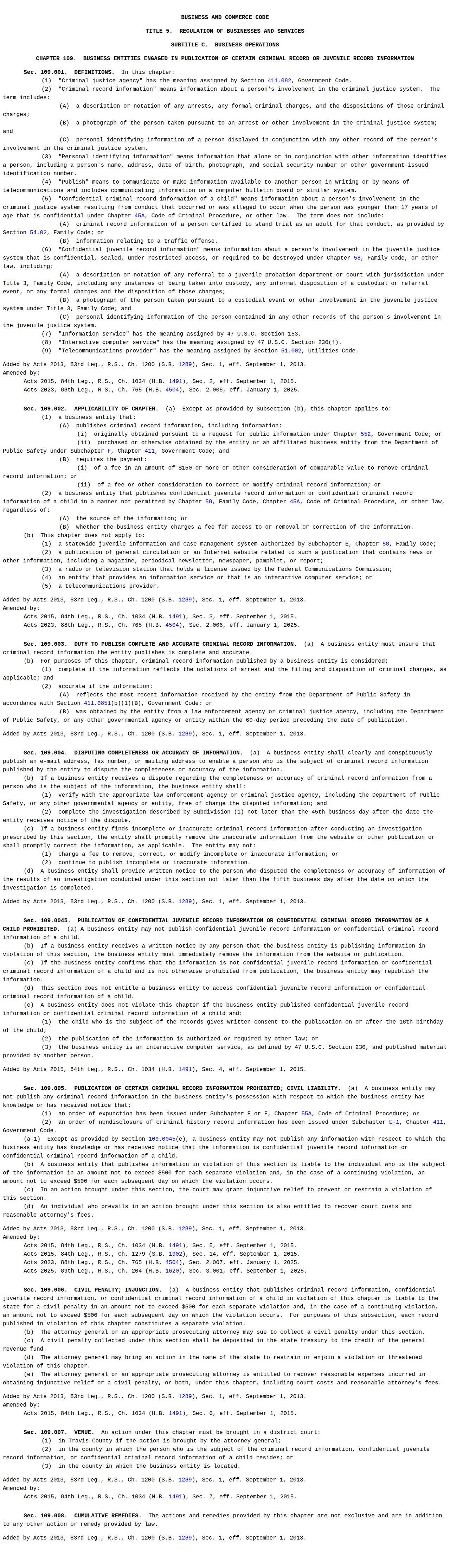 Texas Chapter 109 mugshot record correction law for Newton County